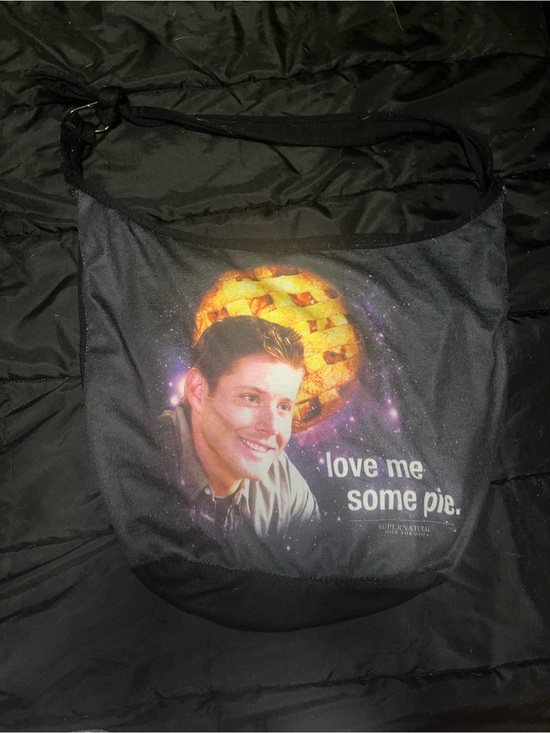 Supernatural Handbags - Supernatural Black Graphic Crossbody hobo Bag - dean 'Love Me Some Pie'